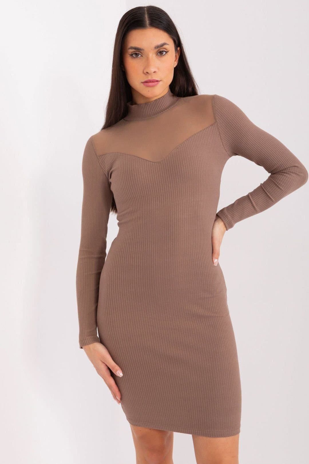 Love Lace Love Lace Women's Elegant Cotton Ribbed Pencil Dress Long Sleeve in Brown
