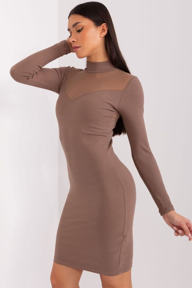 Love Lace Love Lace Women's Elegant Cotton Ribbed Pencil Dress Long Sleeve in Brown - 2