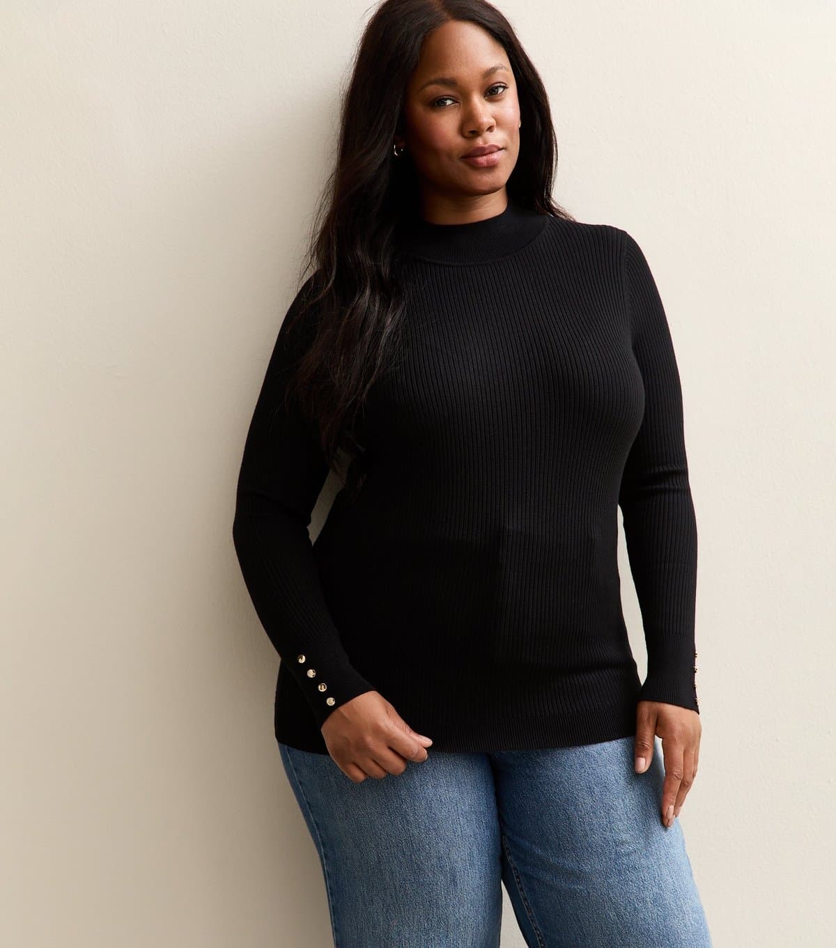 New Look New Look Black Ribbed Button Detail Top