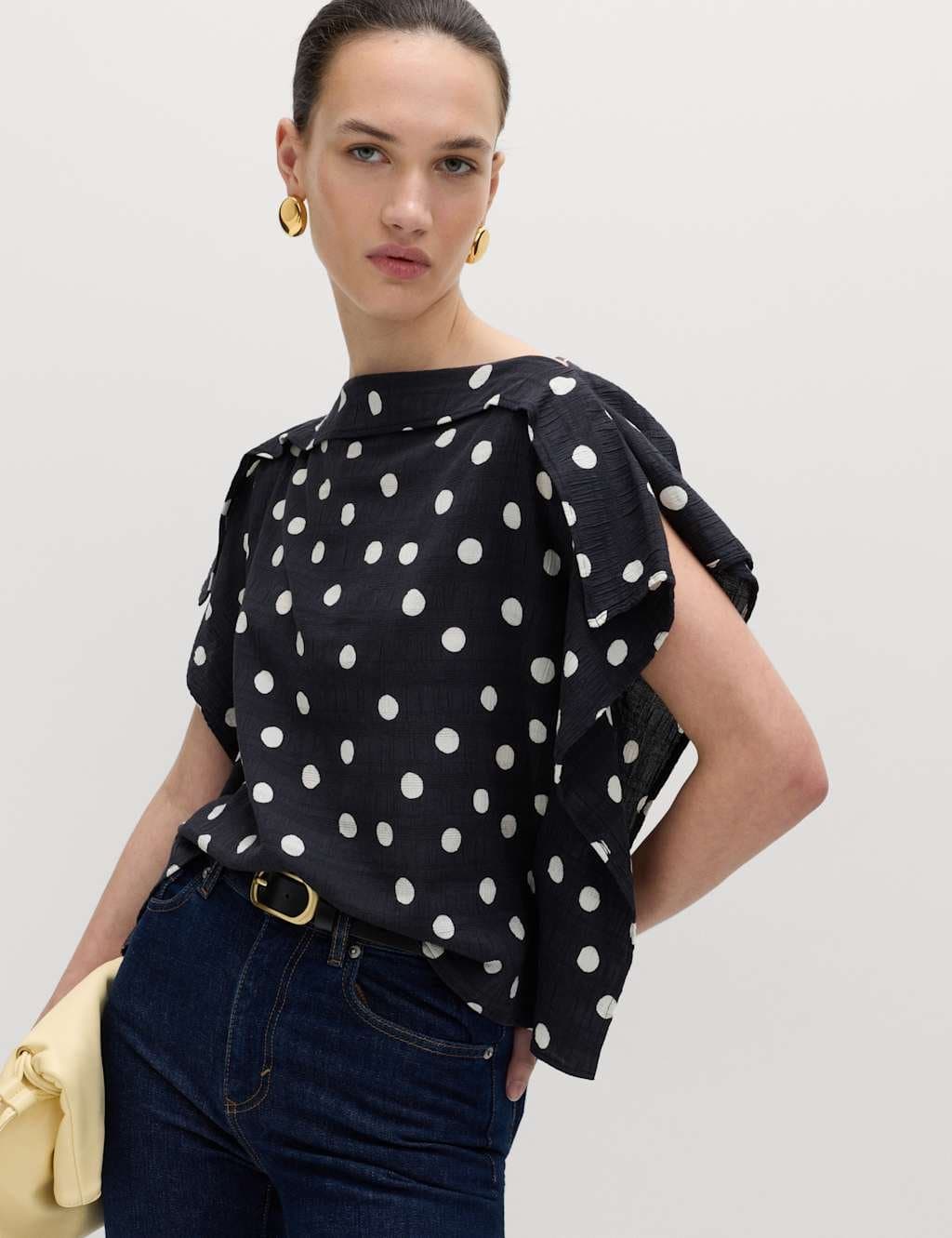 Marks & Spencer M&S Black Mix Cotton Blend Polka Dot Ruffle Top