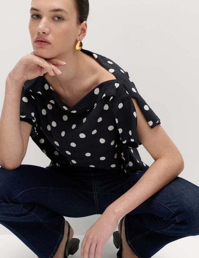 Marks & Spencer M&S Cotton Blend Spot Print Ruffle Draped Top Black Mix - 2