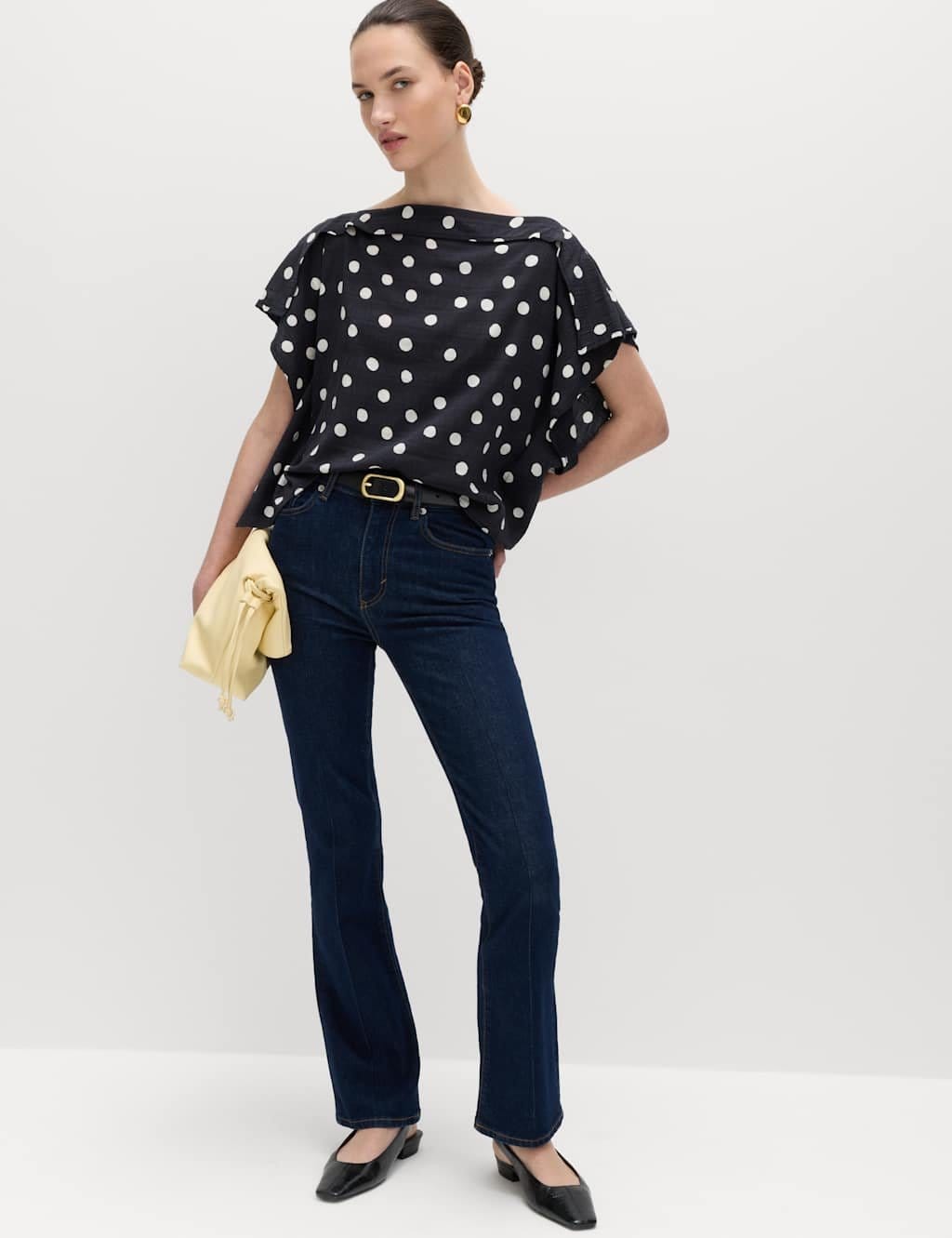 Marks & Spencer M&S Cotton Blend Spot Print Ruffle Draped Top Black Mix - 4