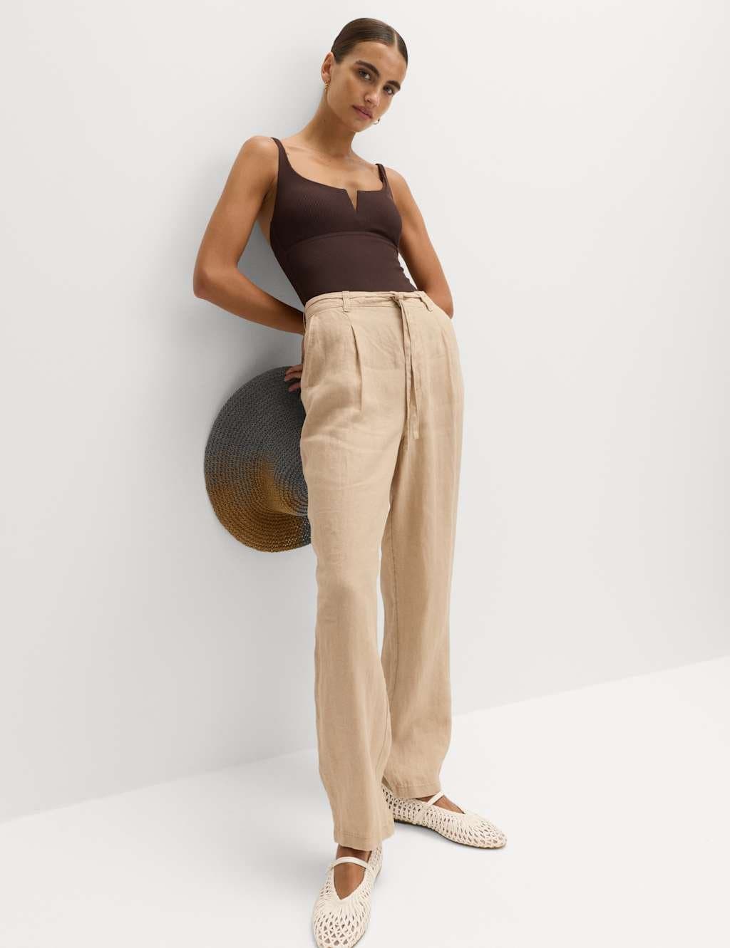 Marks & Spencer M&S Pure Linen Pleat Front Belted Tapered Trousers Sandstone