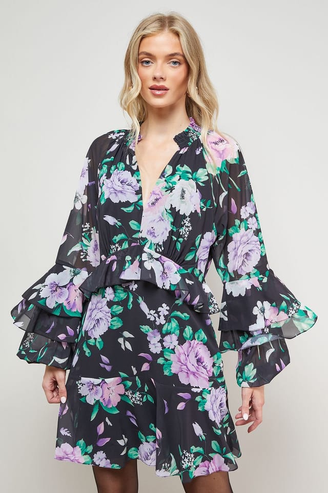 Oasis Oasis Women's Printed Fluted Sleeve Ruffle Detail Mini Dress in Black - 2