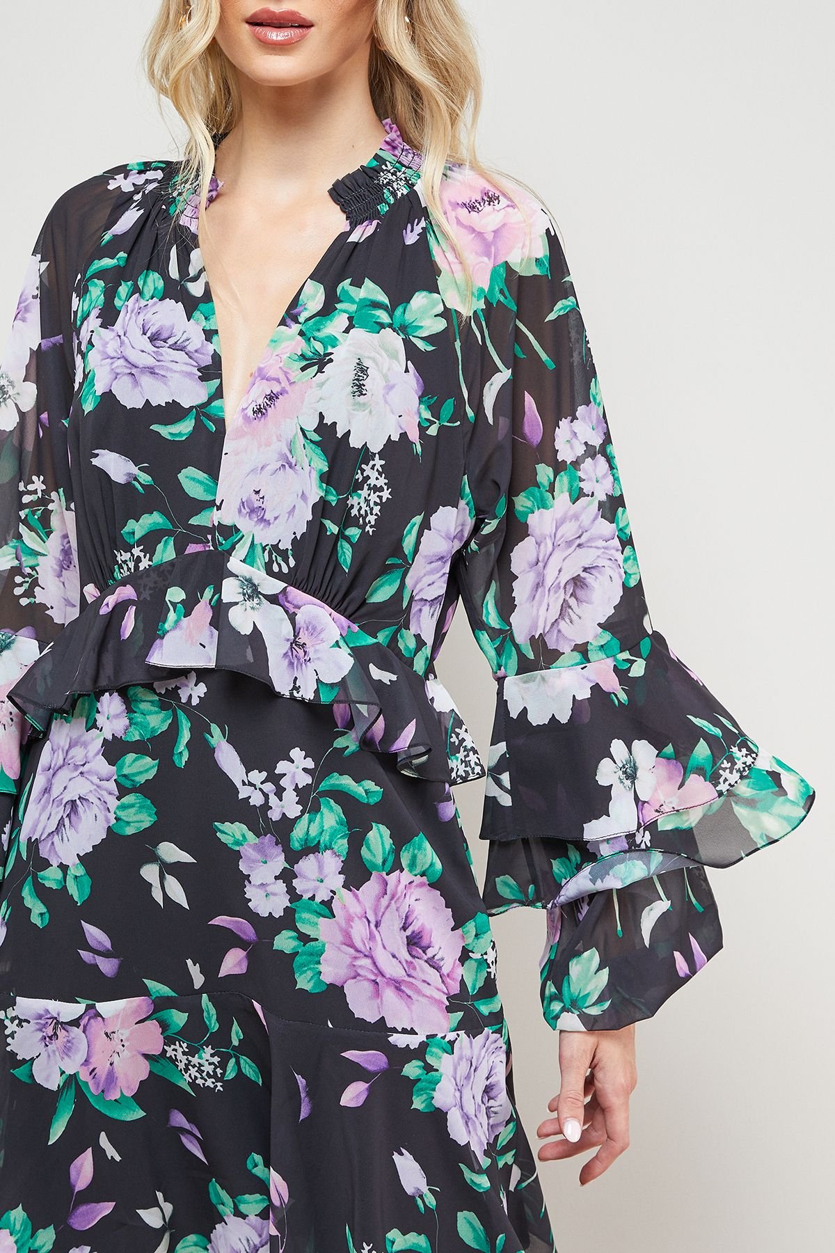 Oasis Oasis Women's Printed Fluted Sleeve Ruffle Detail Mini Dress in Black - 3