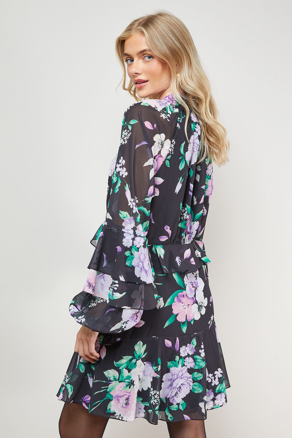 Oasis Oasis Women's Printed Fluted Sleeve Ruffle Detail Mini Dress in Black - 4