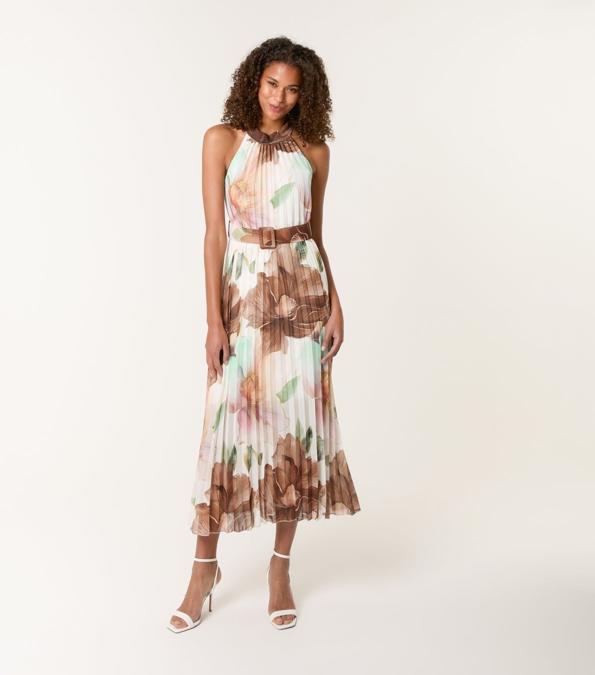 Blue Vanilla Women's Dark Khaki Floral Print Pleated Midi Dress Blue Vanilla New Look