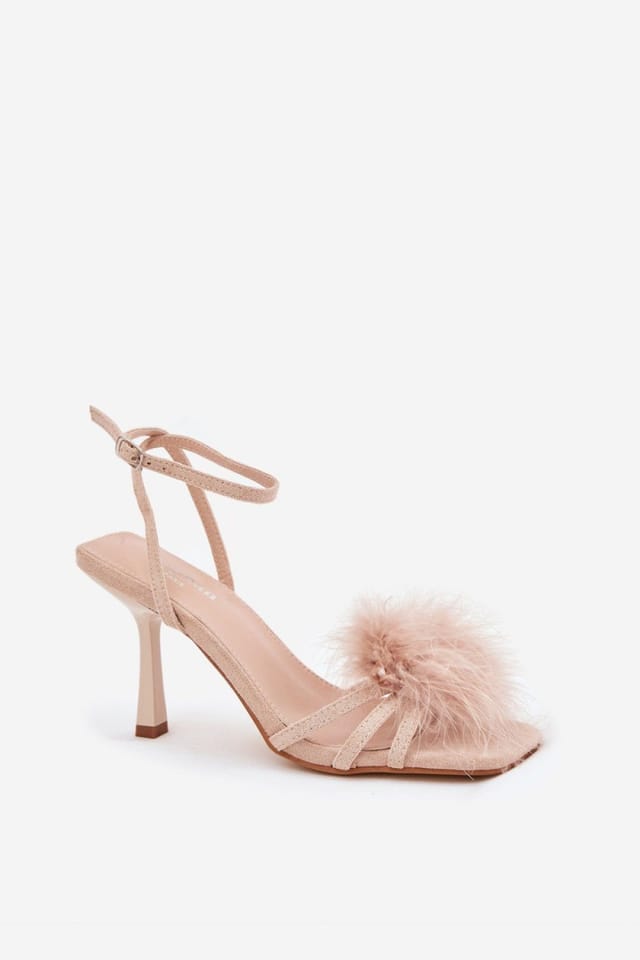 Love Lace Love Lace Women's Elegant Feather Trim Stiletto Heel Sandals with Buckle Strap in Beige - 2