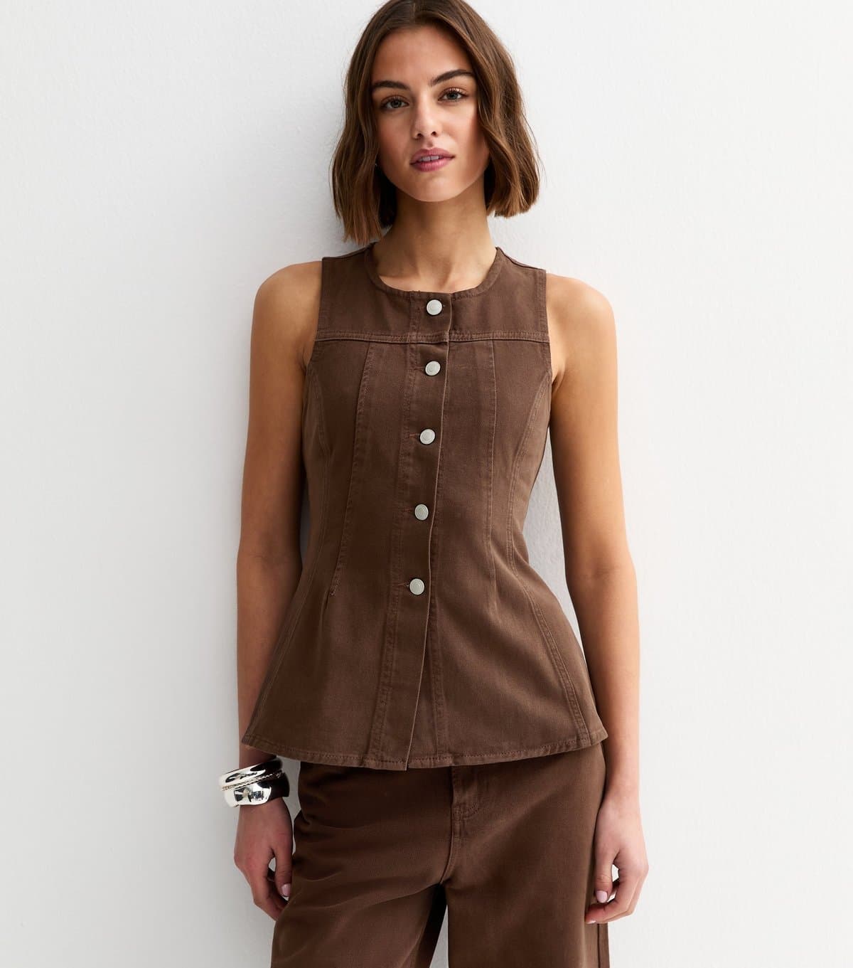 New Look New Look Brown Denim Peplum Waistcoat