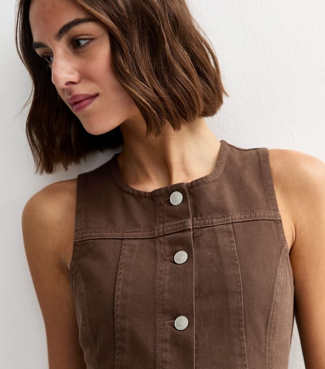 New Look Women's Brown Denim Panelled Longline Peplum Waistcoat New Look - 3