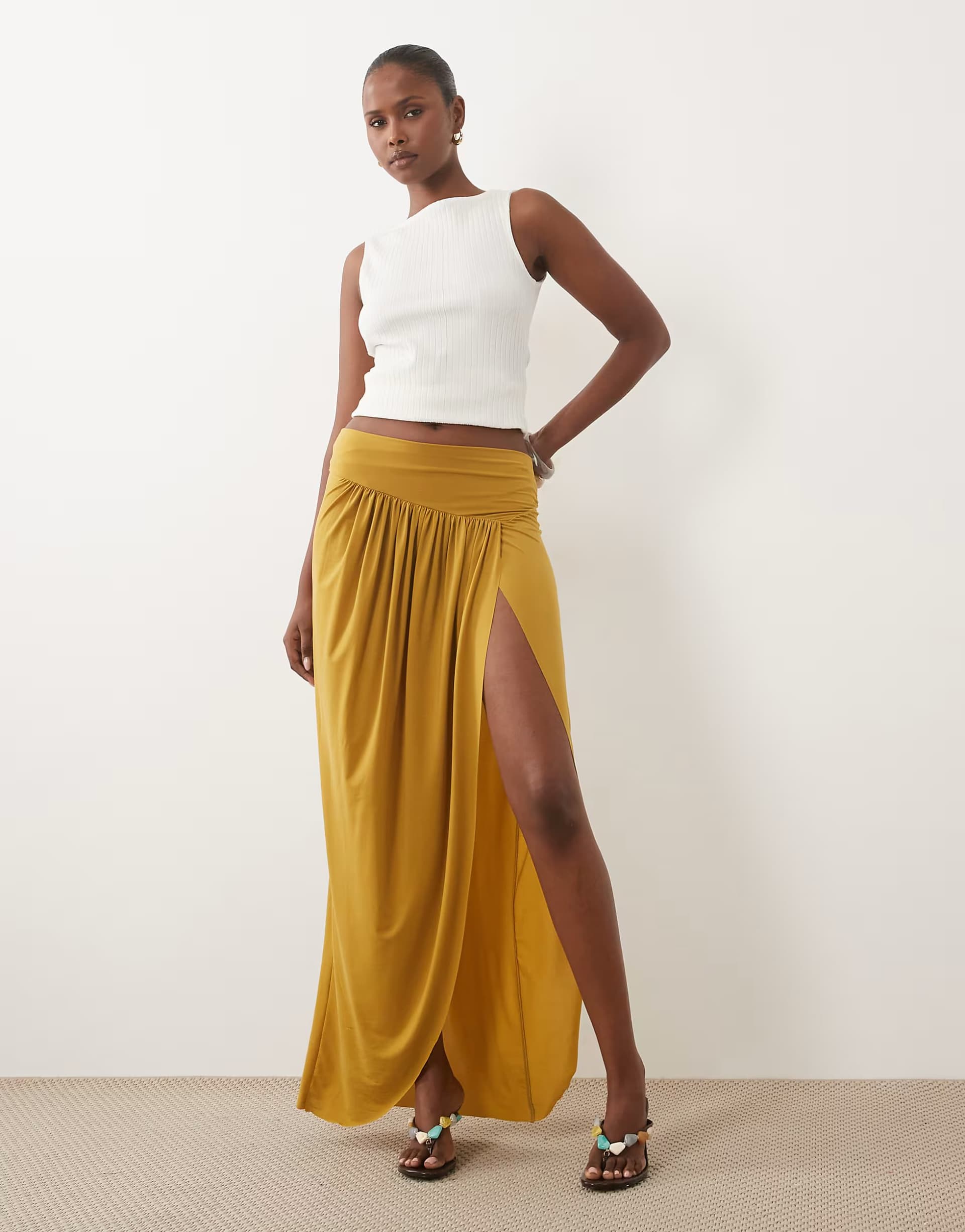 ASOS ASOS DESIGN slinky ruched maxi skirt with split in olive