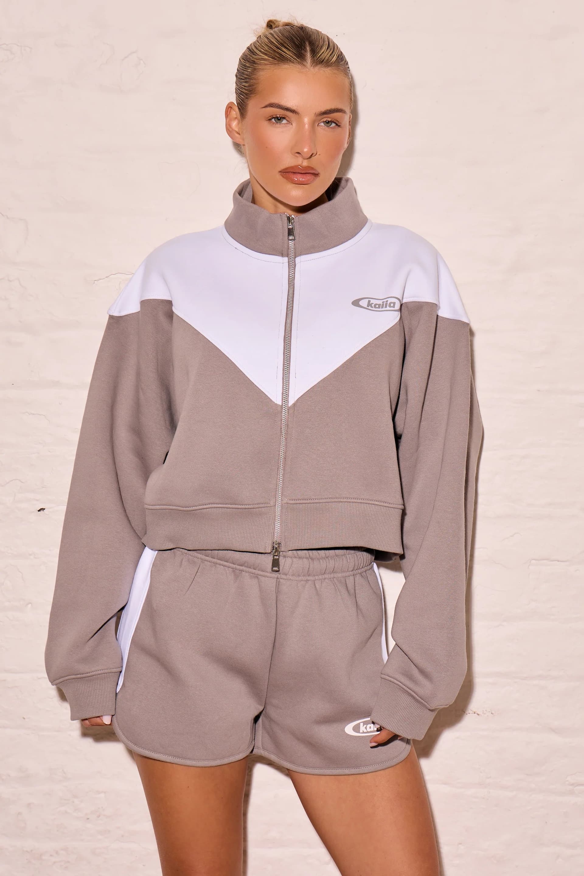 Kaiia Kaiia Contrast Panel Zip Through Sweatshirt Mist Grey & Cream
