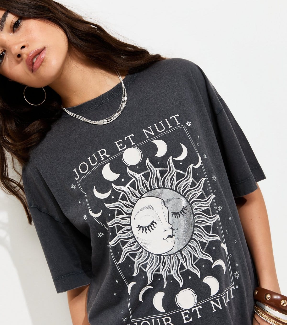 New Look Dark Grey Cotton Mystic Print Oversized T-Shirt