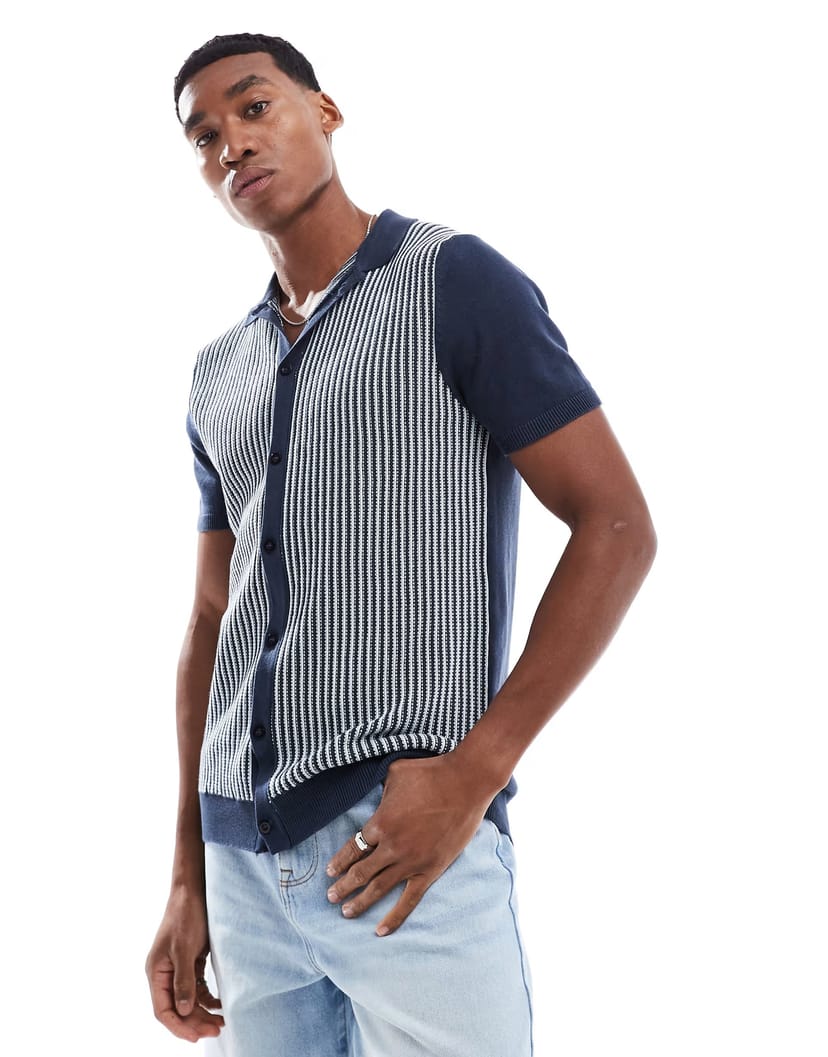 ASOS Brave Soul Knitted short sleeve shirt in navy - 1