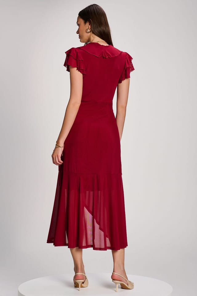 Jolie Moi Jolie Moi Women's Ruffled Mesh Maxi Dress in Burgundy - 2