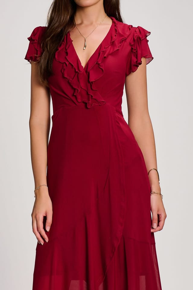 Jolie Moi Jolie Moi Women's Ruffled Mesh Maxi Dress in Burgundy - 3