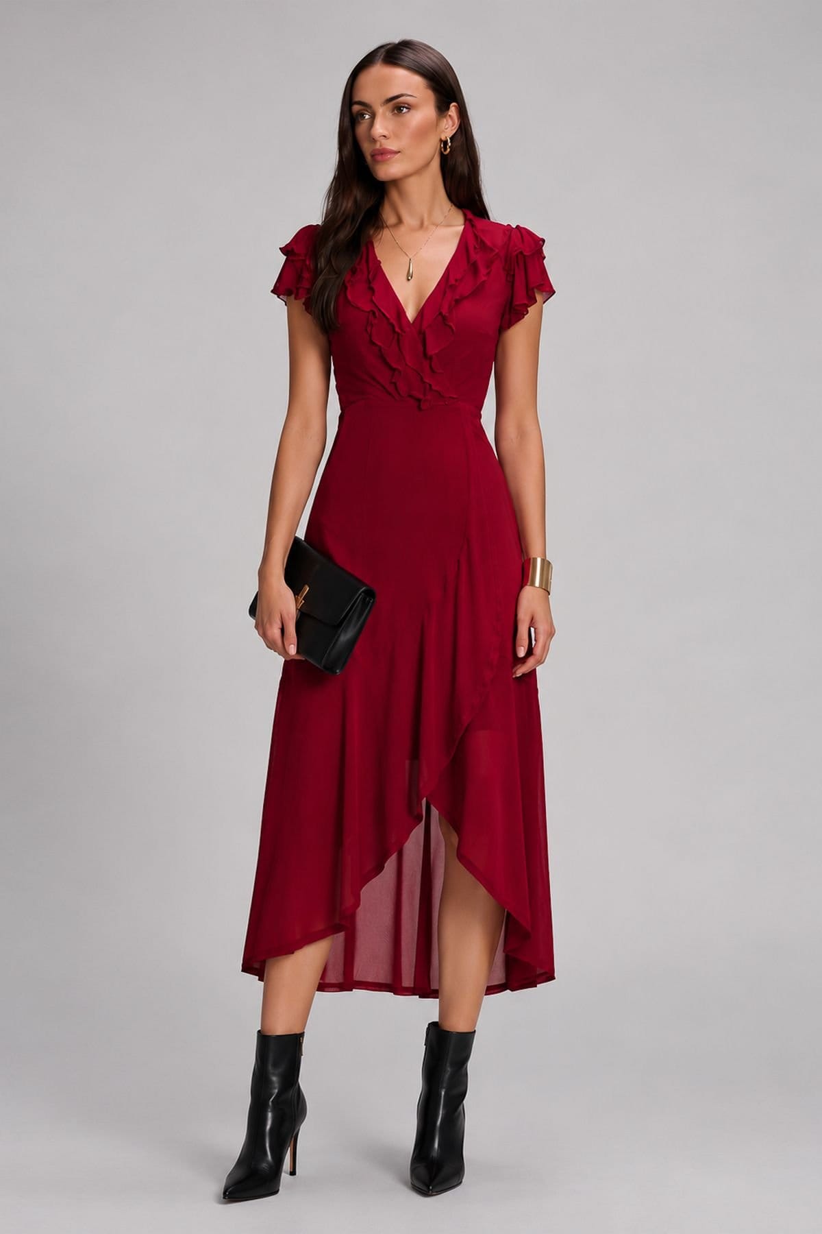 Jolie Moi Jolie Moi Women's Ruffled Mesh Maxi Dress in Burgundy - 4