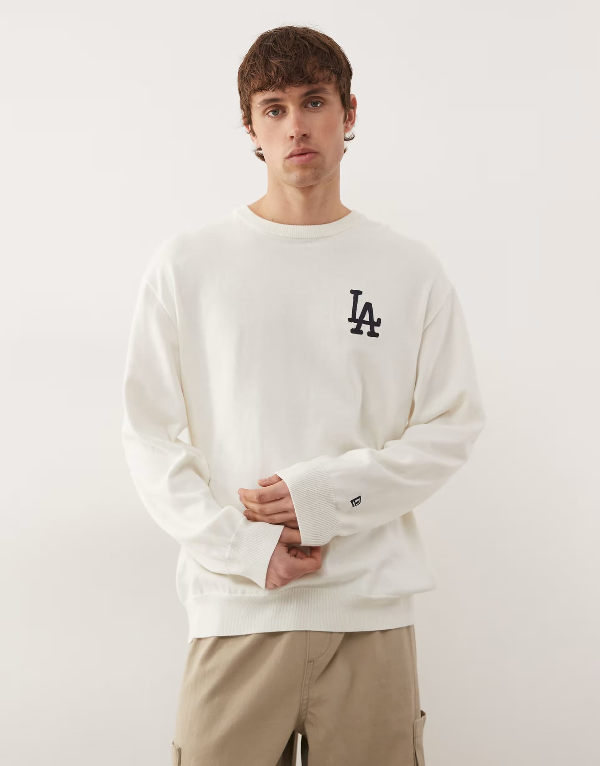 ASOS New Era LA Dodgers essential knitted crew neck jumper in off white