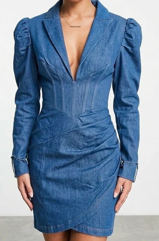 ASOS asos luxe Chambray denim corset mini dress with puff sleeves size 10 m s