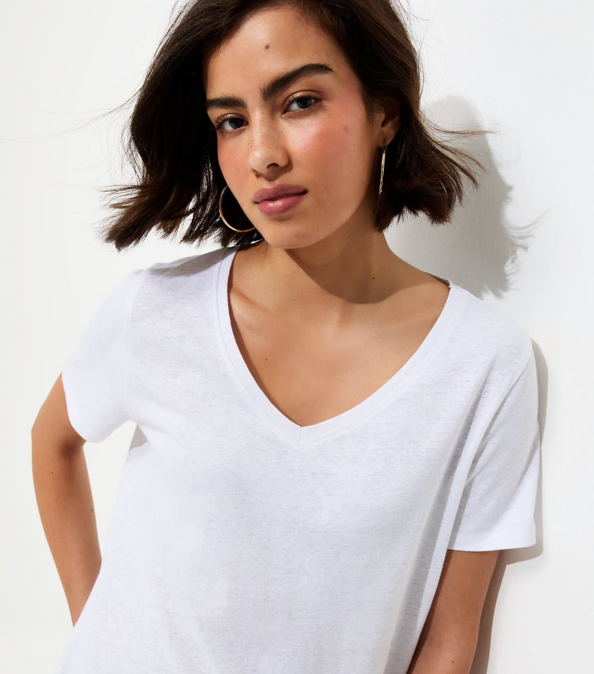 New Look New Look White Linen-Cotton V-Neck T-Shirt