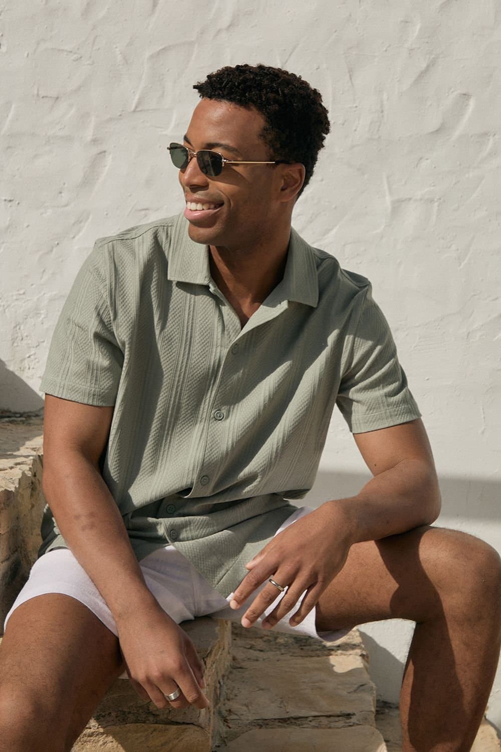 Threadbare Threadbare Men's Knitted Cotton Blend Short Sleeve Shirt in Pale Green