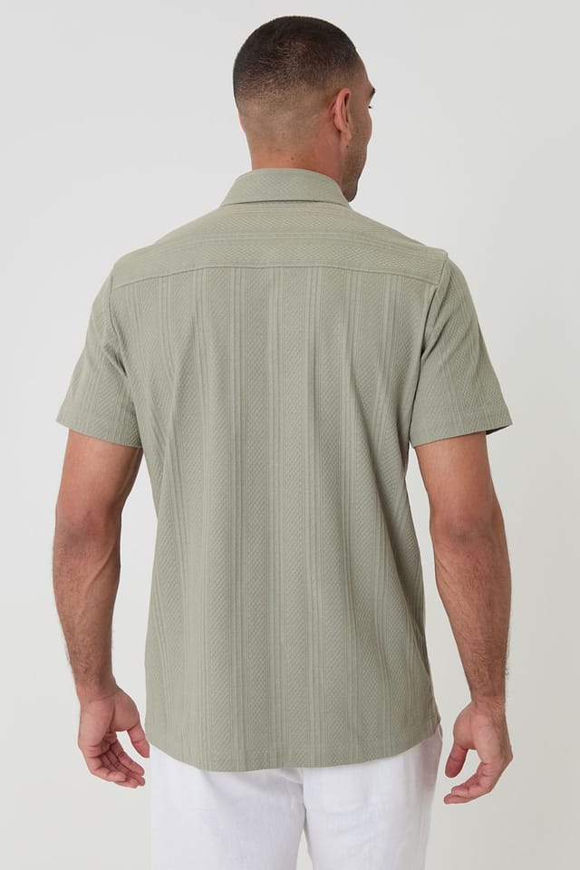 Threadbare Threadbare Men's Knitted Cotton Blend Short Sleeve Shirt in Pale Green - 2