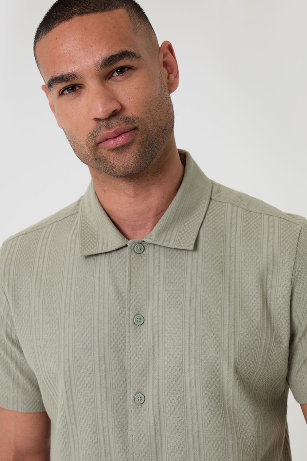 Threadbare Threadbare Men's Knitted Cotton Blend Short Sleeve Shirt in Pale Green - 4