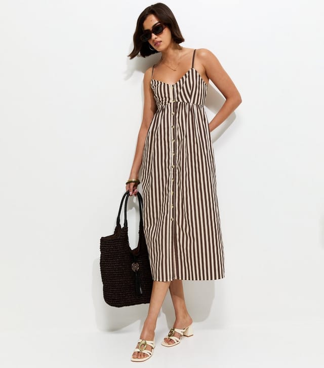 New Look Women's Brown Cotton Knot Front Stripe Cami Midi Dress New Look - 2