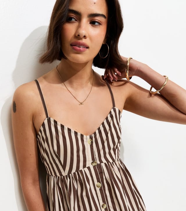New Look Women's Brown Cotton Knot Front Stripe Cami Midi Dress New Look - 3