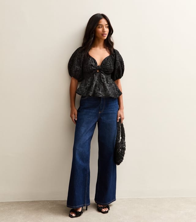 New Look Women's Petite Black Jacquard Twisted Front Puff Sleeve Top New Look - 3