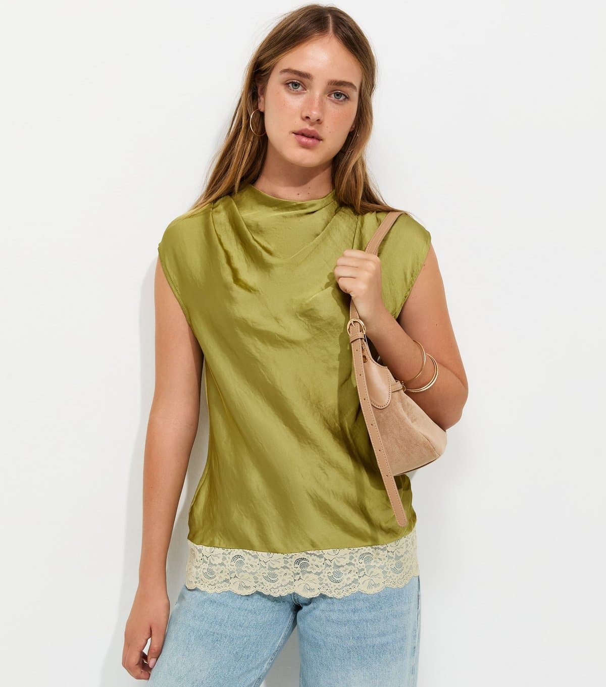 New Look Women's Dark Khaki Cowl Neck Lace Hem Satin Blouse New Look