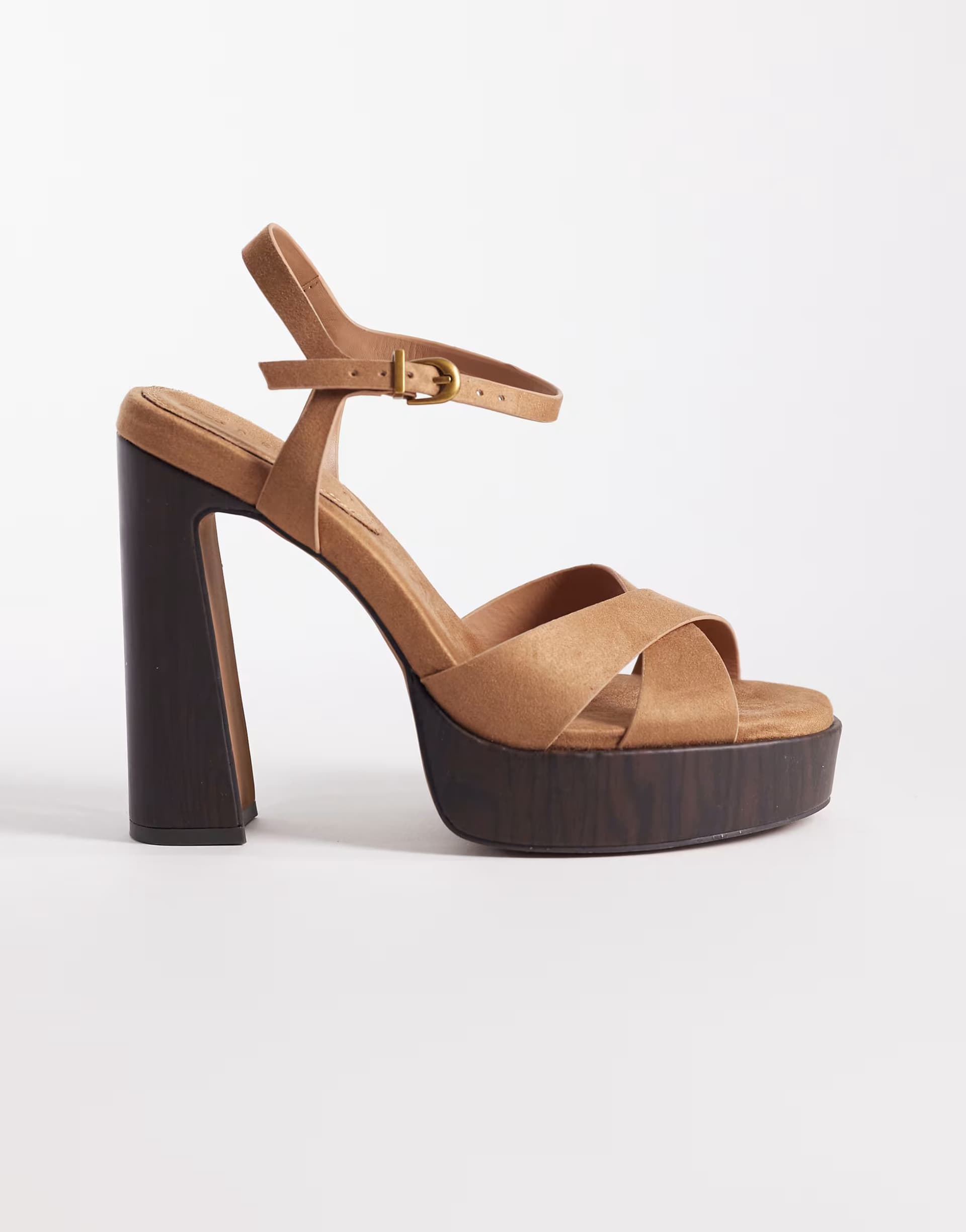 ASOS ASOS DESIGN Nadina cross strap platform high heeled sandals in taupe suedette