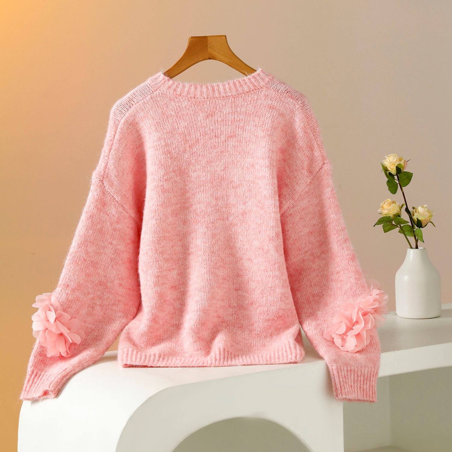 PEACH ACCESSORIES PEACH ACCESSORIES Women's Dreamy Sweater with Floral Trim & Crystals in Pink - 3