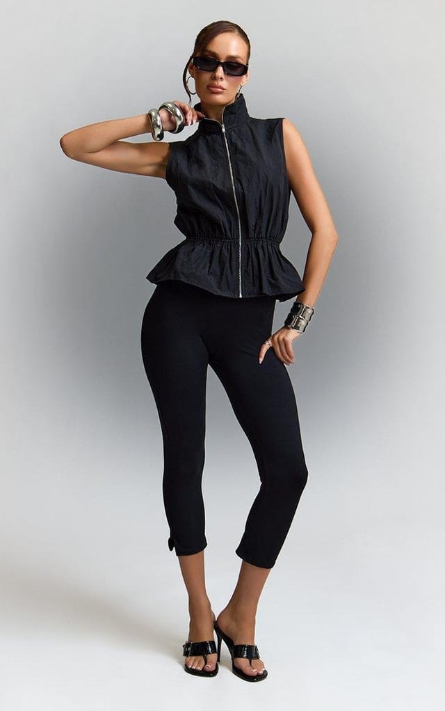 EGO Funnel Neck Zip Up Front Elasticated Waist Top In Black, Women's Size UK 6 - 2