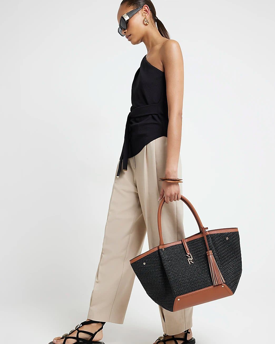 River Island River Island Womens Black Raffia Large Tote Bag