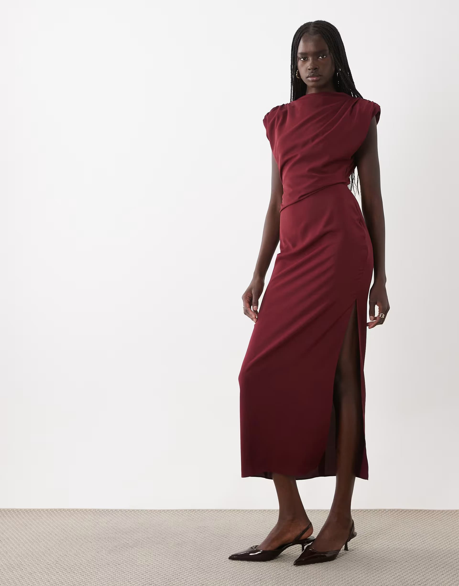 ASOS ASOS DESIGN slinky shoulder pad midi dress with tuck waist detail in burgundy