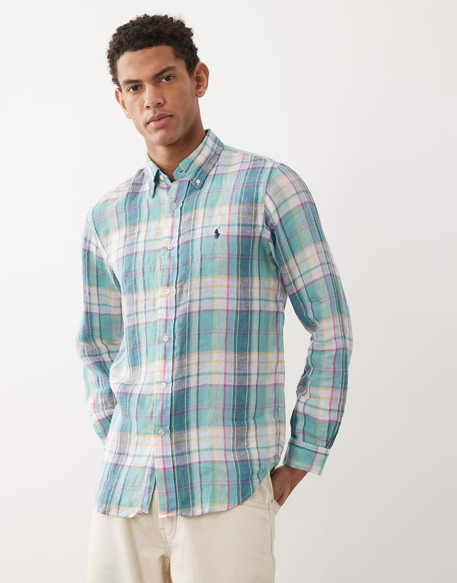 ASOS Polo Ralph Lauren icon logo checked linen long sleeve shirt in multi