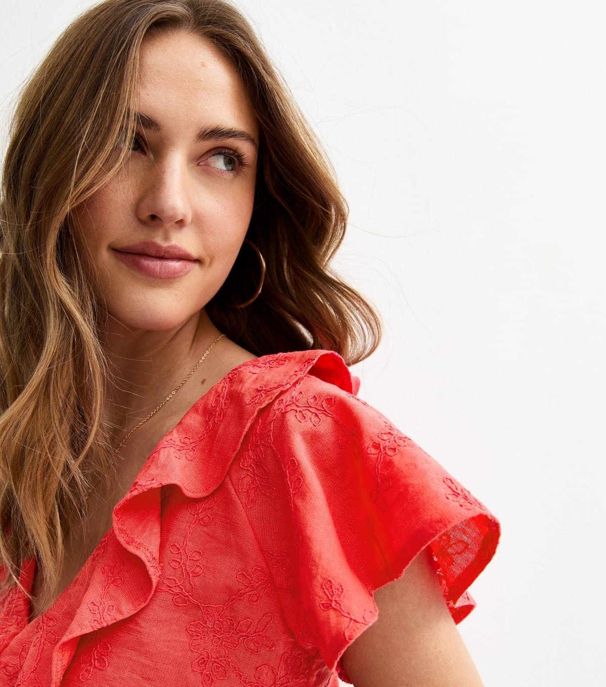 New Look Women's Dark Coral Embroidered Floral Tea Top New Look