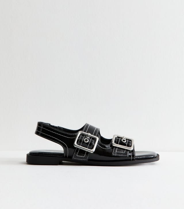 New Look Women's Black Faux Leather Contrast Stitch Slingback Sandals Vegan New Look - 3