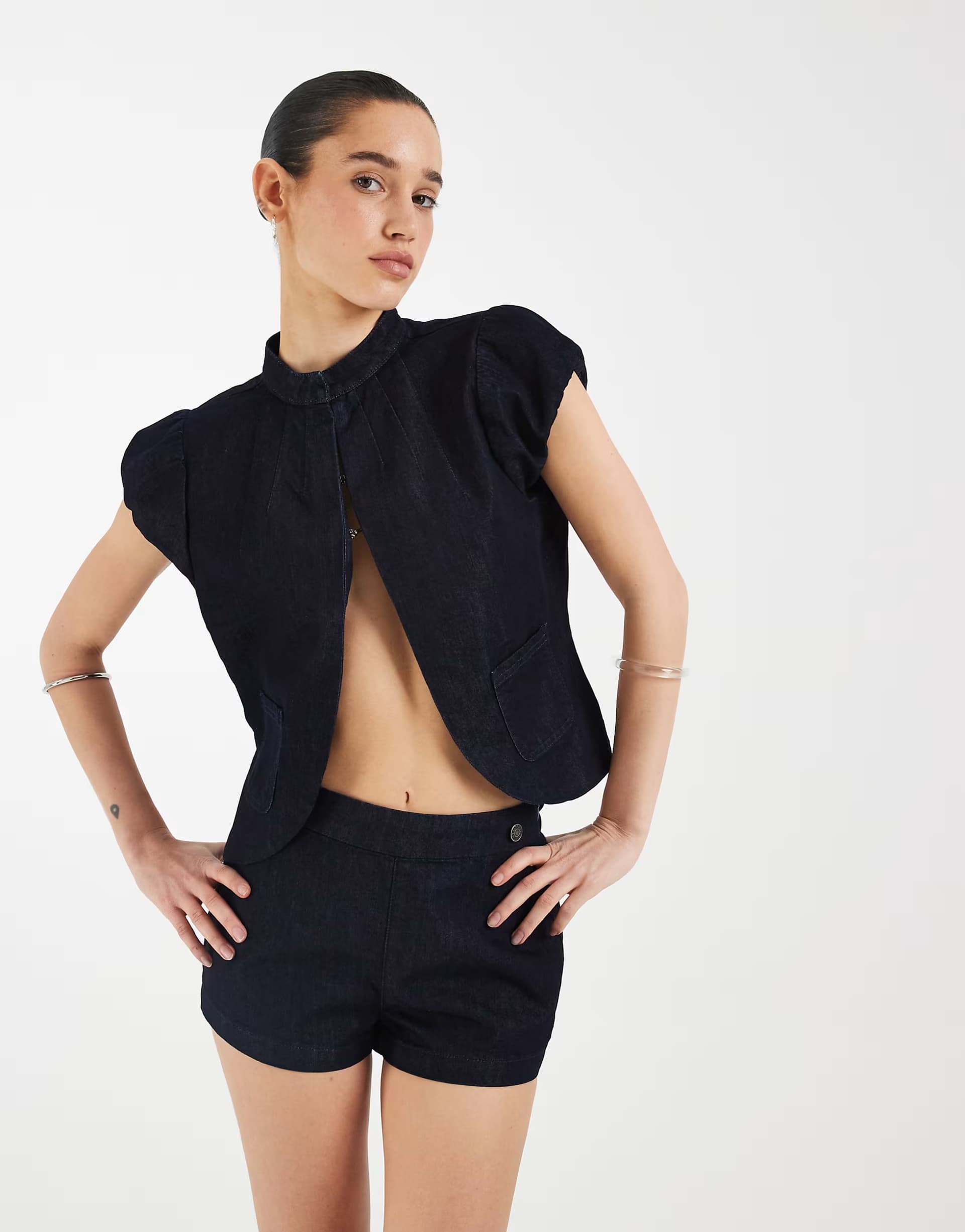 ASOS Motel co-ord Alnira pea coat denim top in indigo