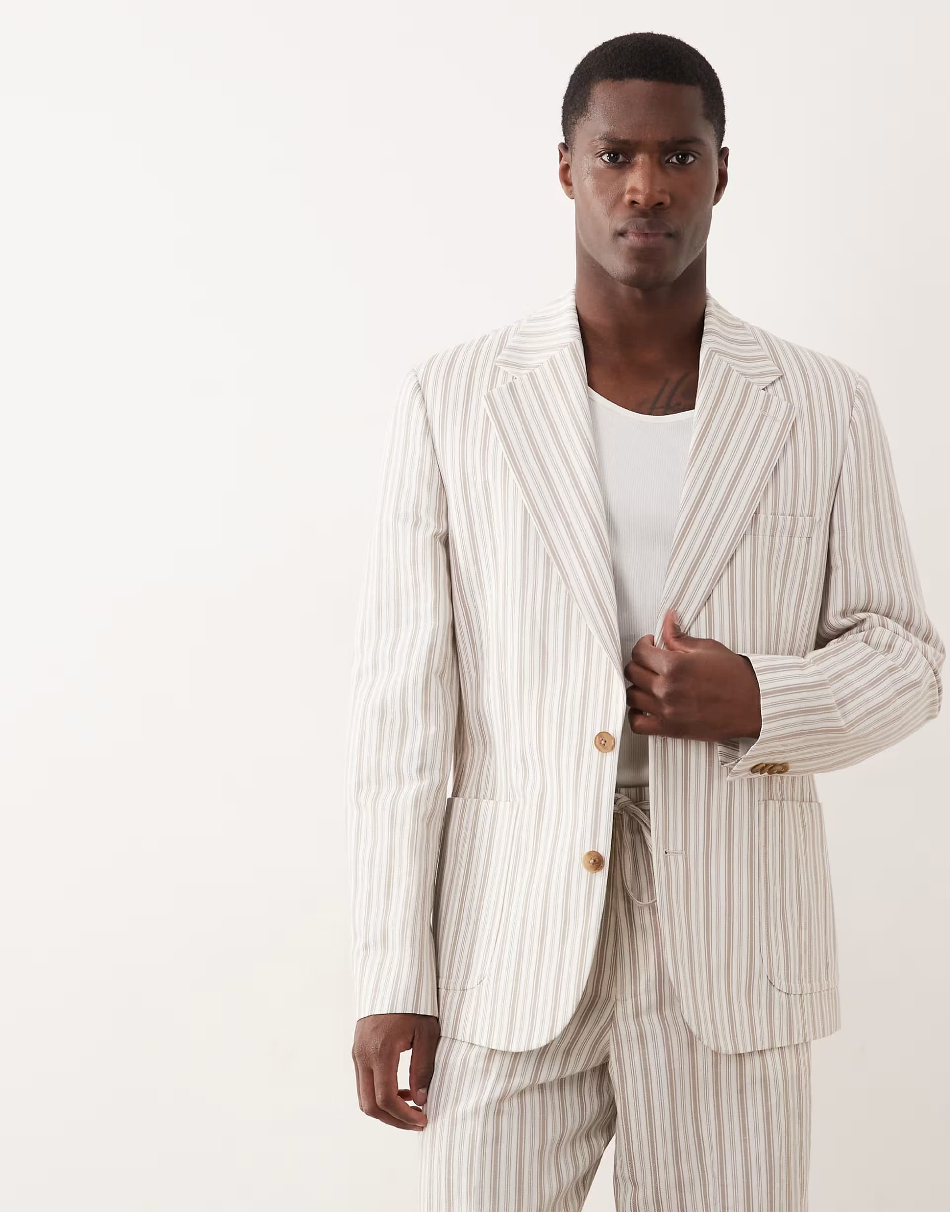 ASOS ASOS DESIGN slim linen blend suit jacket in cream stripe