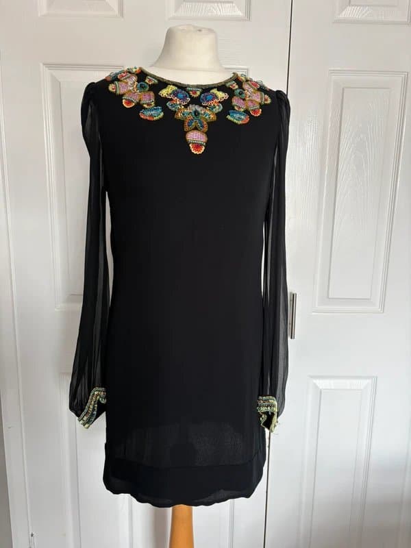 French Connection Vintage French Connection Silk Beaded Mini Dress UK10 Y2K Boho LBD