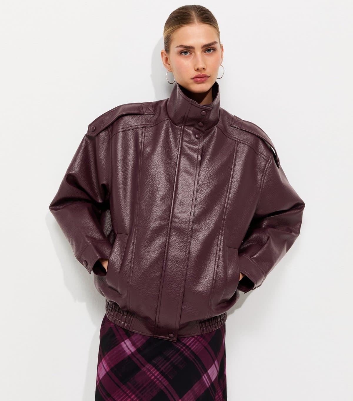 New Look Women's Dark Burgundy Faux Leather Funnel Neck Oversized Jacket New Look