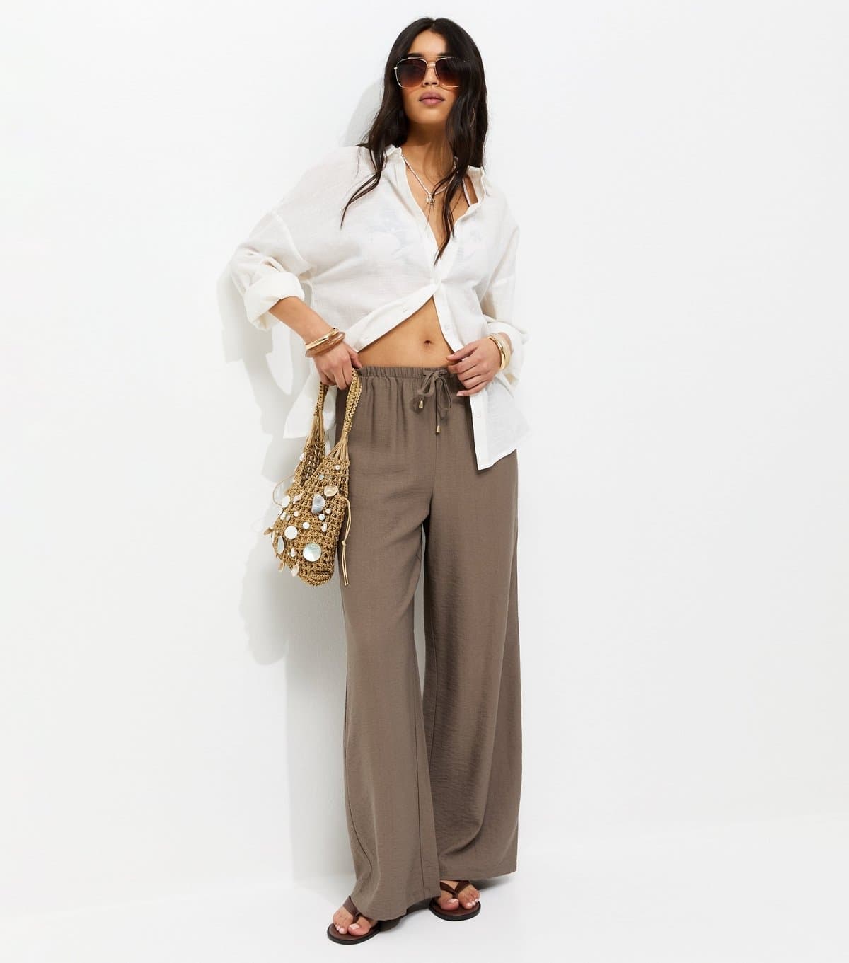 New Look Women's Mink Drawstring Wide Leg Trousers New Look