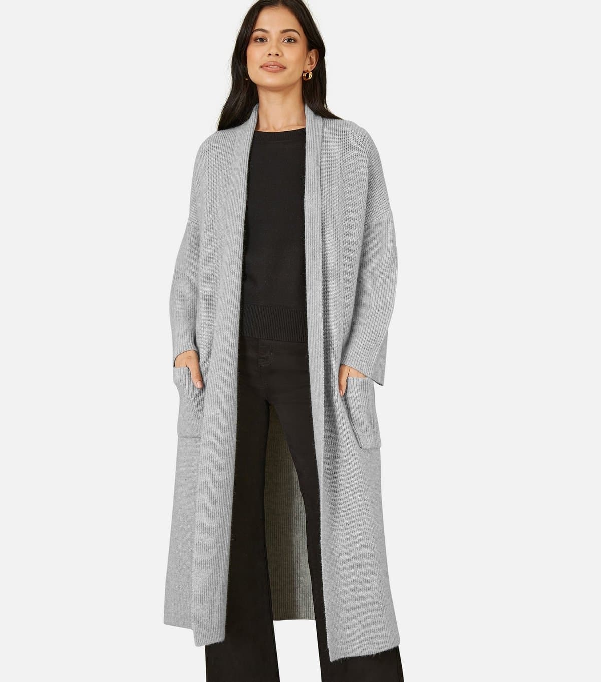 Yumi Women's Grey Ribbed Pocket Longline Midi Cardigan Yumi New Look