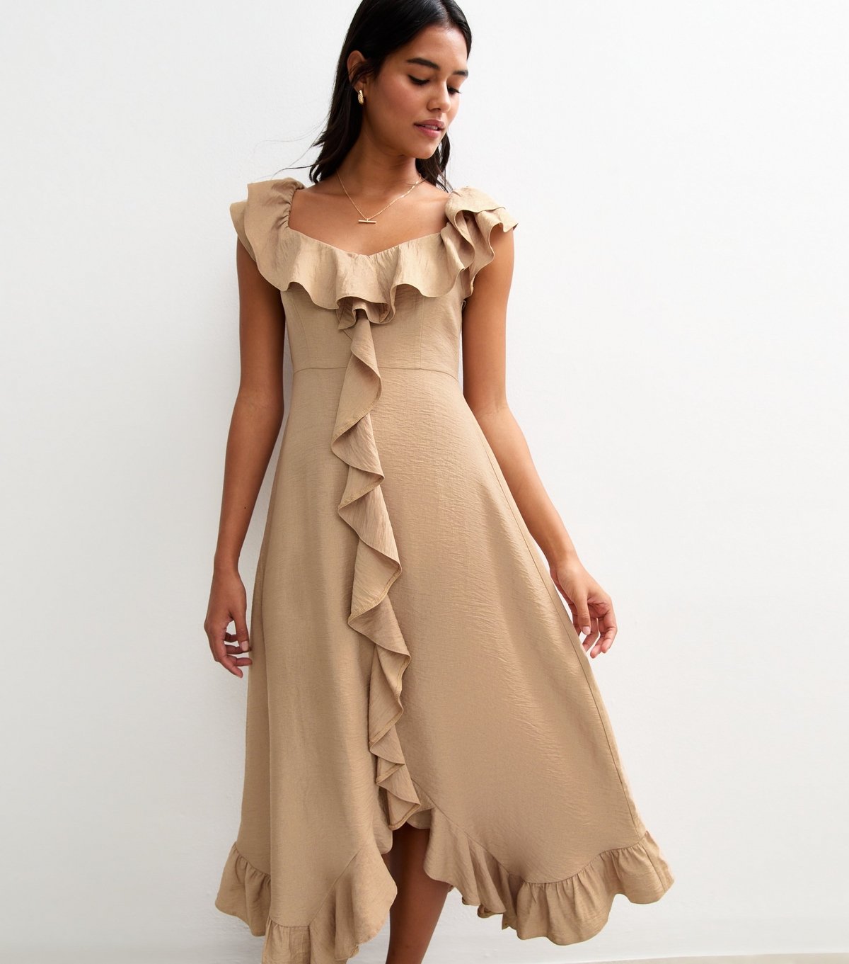 New Look Women's Stone Ruffled Trim Asymmetric Hem Midi Dress New Look - 1