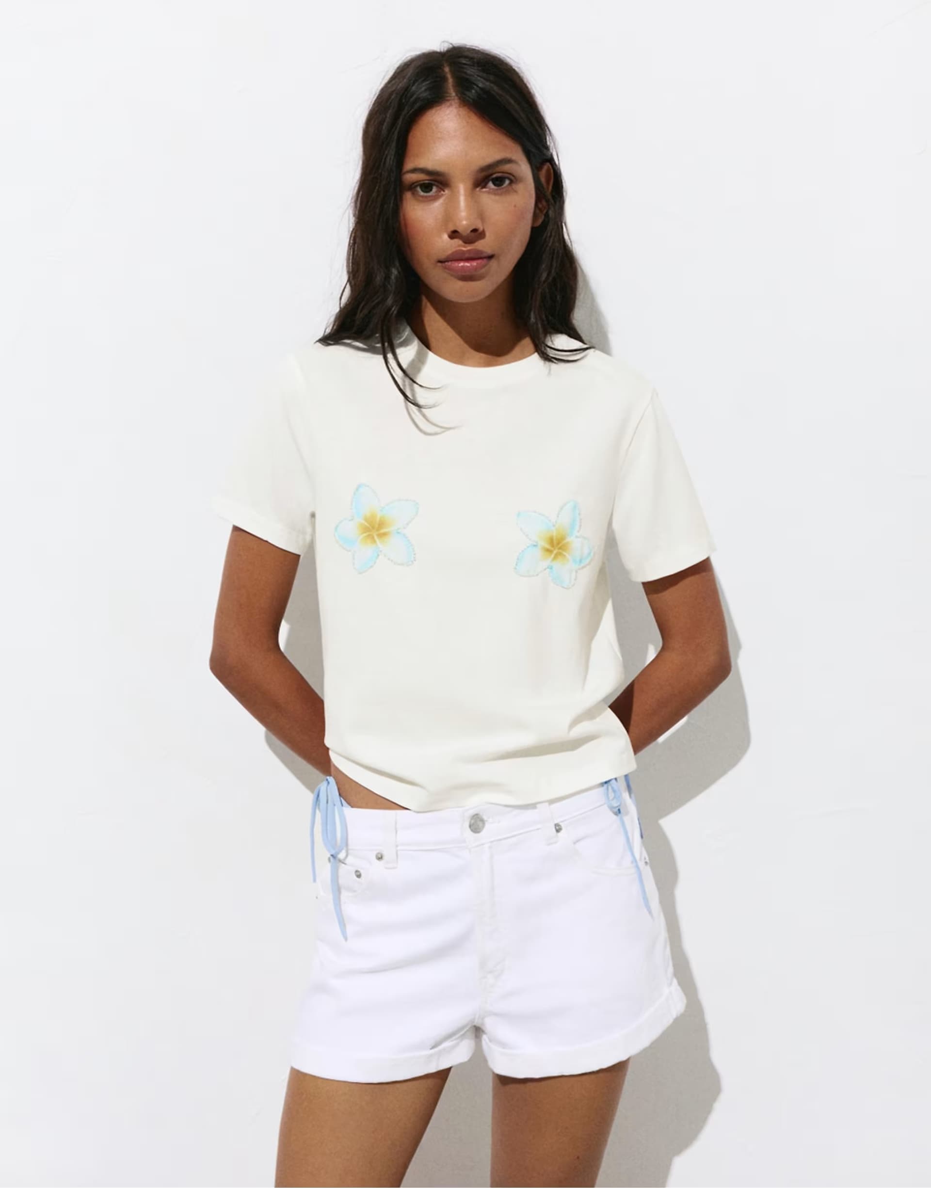 ASOS Pull&Bear Beaded flower t-shirt in ice