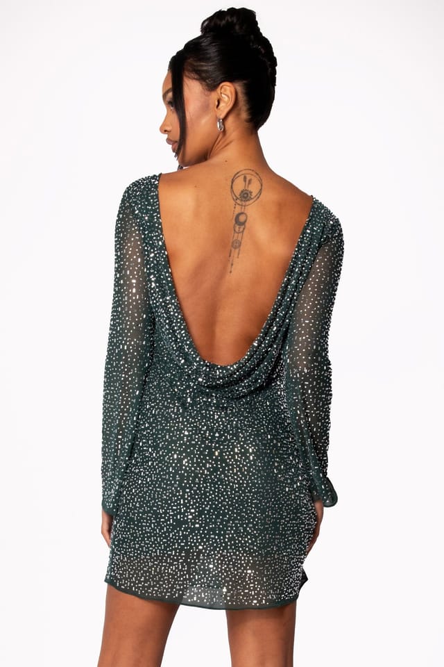 Jaded Rose Jaded Rose Women's Paris Flared Sleeve Cowl Back Jewel Mini Dress in Emerald Hotfix in Dark Green - 3