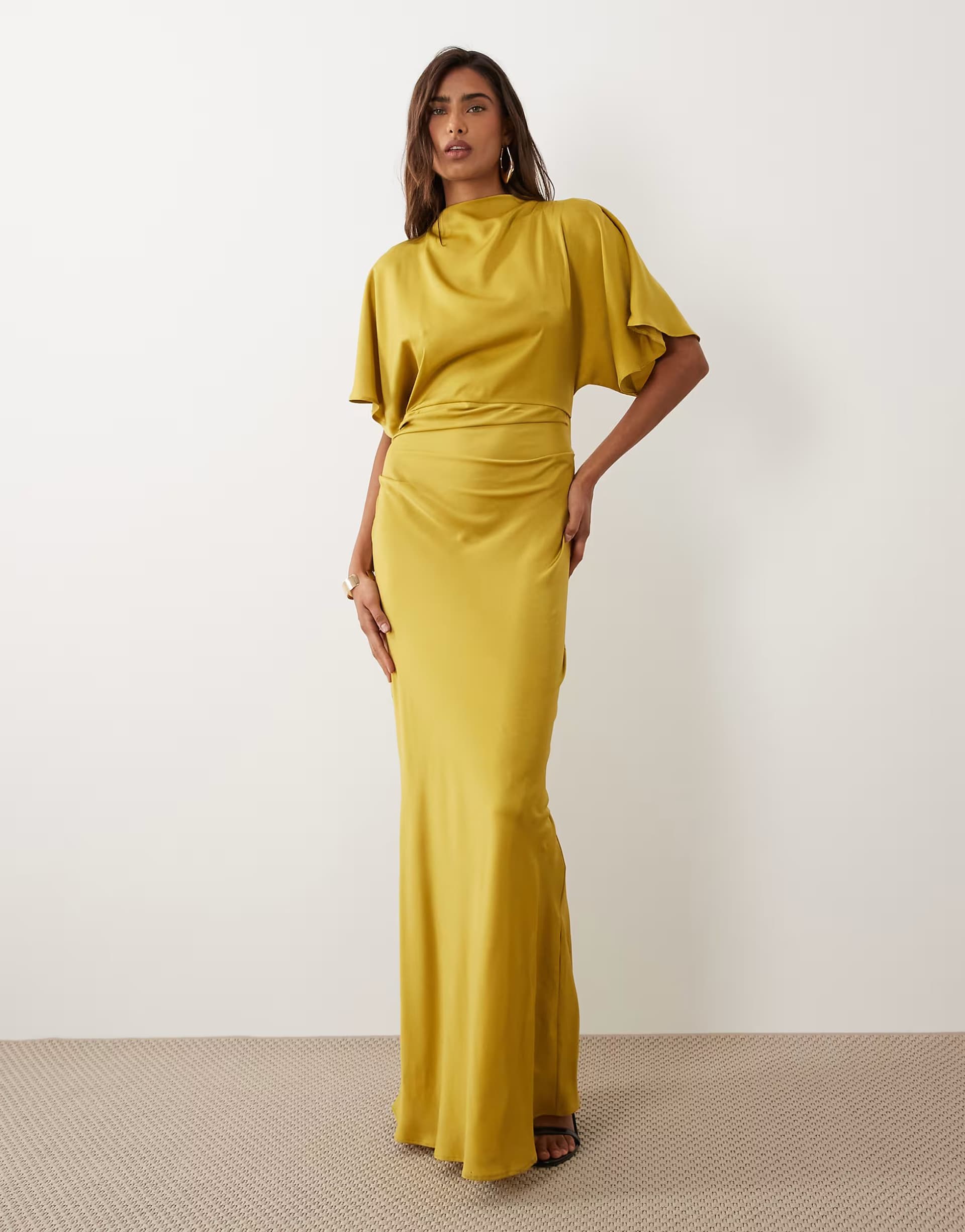 ASOS ASOS DESIGN satin high neck blouson maxi dress with flutter sleeve in chartreuse