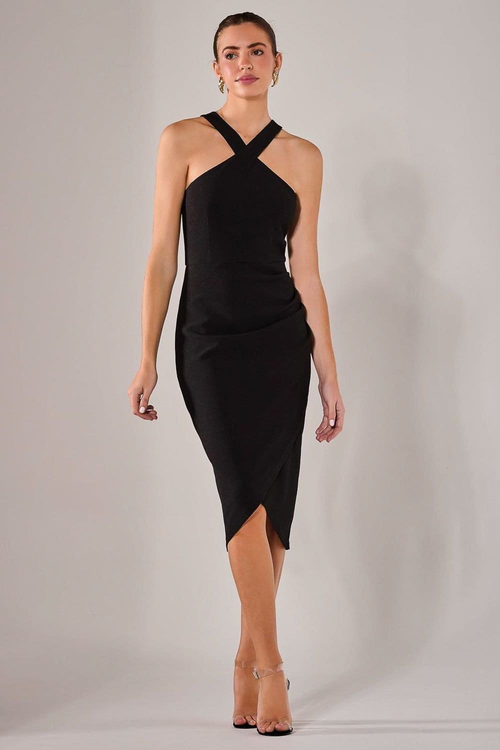 Jolie Moi Black Cross Over Halter Neck Midi Dress